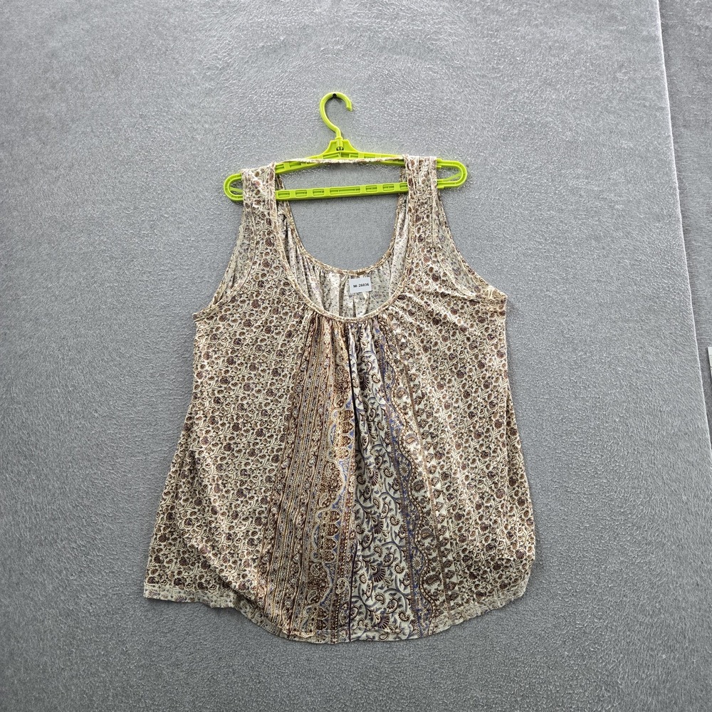 Free People Women Tank Top S Beige Floral Boho Pleated Mess Around Tunic Beach